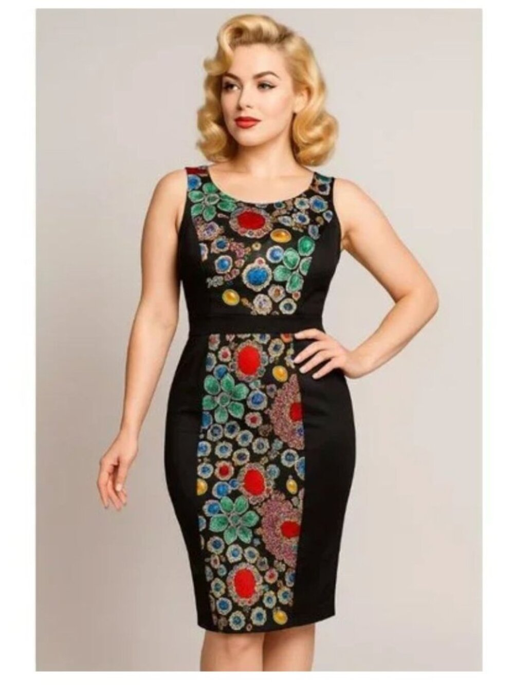 Tatyana Jewel Wiggle Dress Satin Sheath Pencil Sleeveless Black Multicolor Med